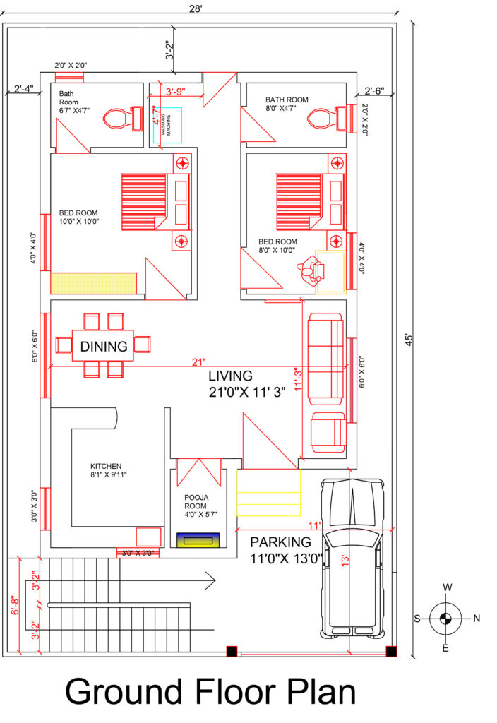 28x45 east face house plan