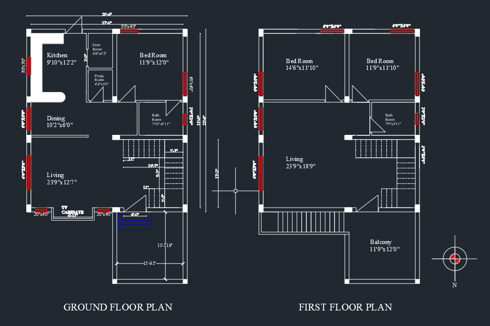 28x32 North Face Duplex House Plan