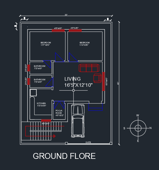 30x40 East Face House Plan