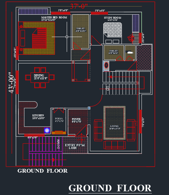 45x50 East Face House Plan