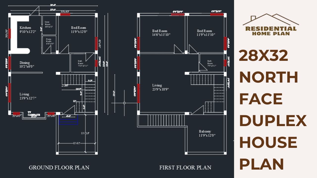 28x32 North Face Duplex House Plan