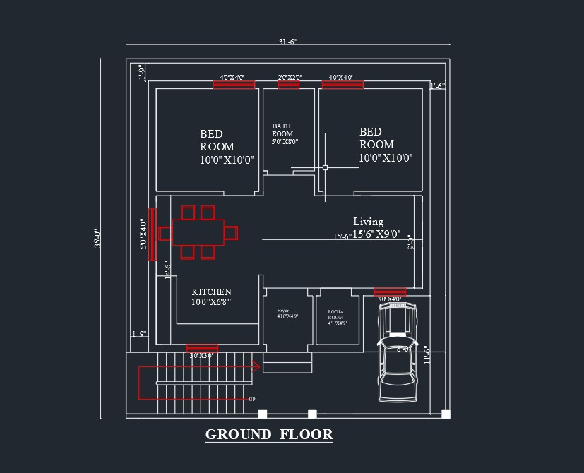 31.5'x35' East Facing House Plan