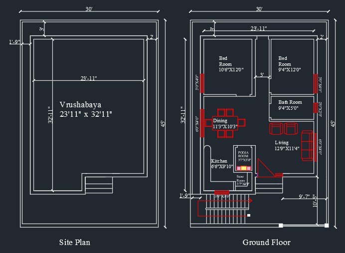 30x45 East Facing House Plan Vrushabaya