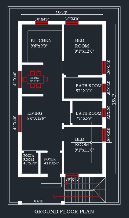 19x35 North Facing House Plan Dhwajaya