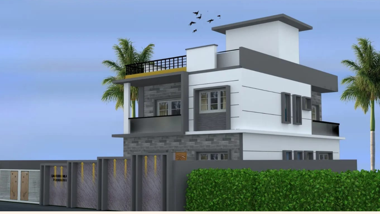 Two floor house front elevation design with grey tiles
