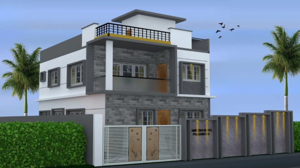 Two floor house side elevation in grey and white with modern gate