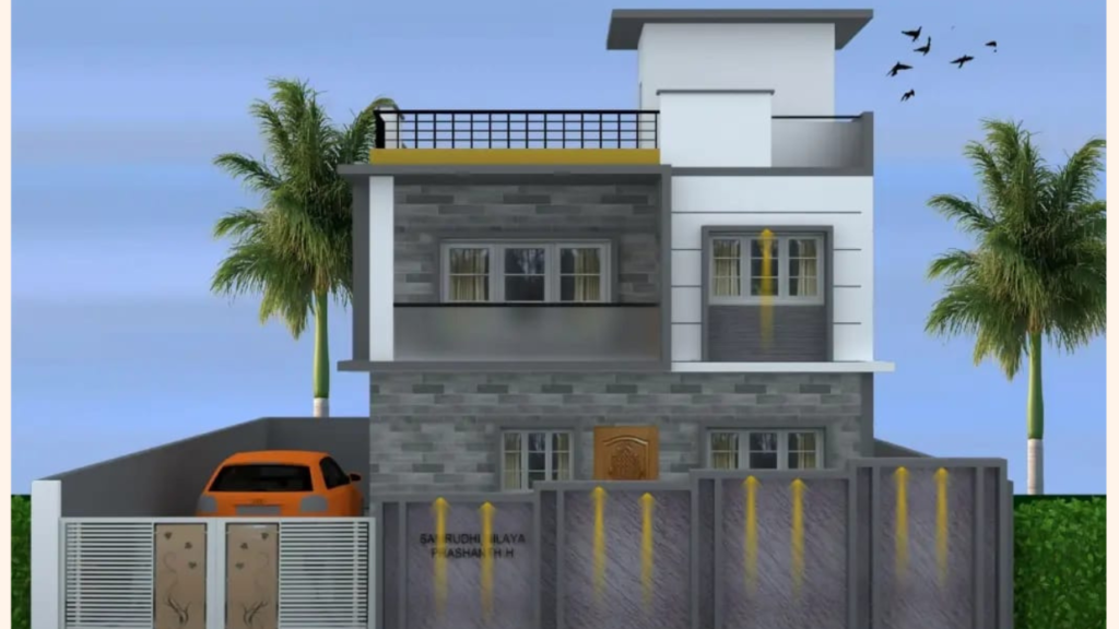  Straight front view of two floor elevation with car and terrace