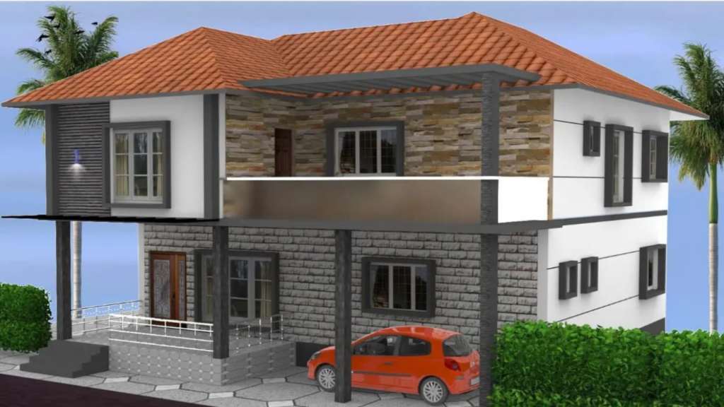 Side elevation of duplex house with balcony and sloped tiled roof