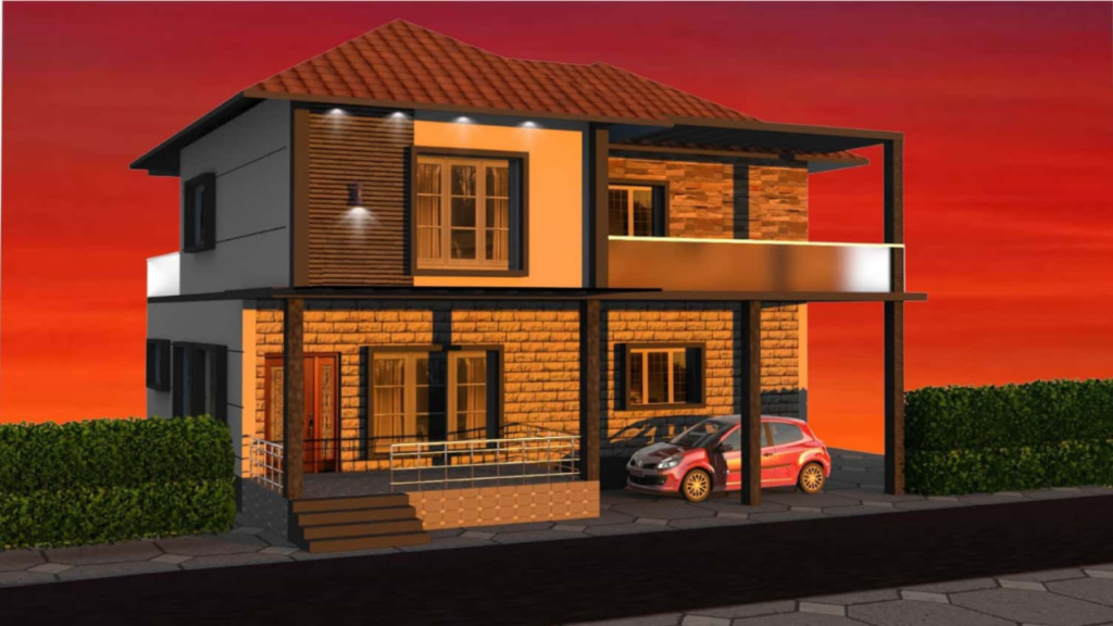 Modern duplex house night view with balcony and LED lighting