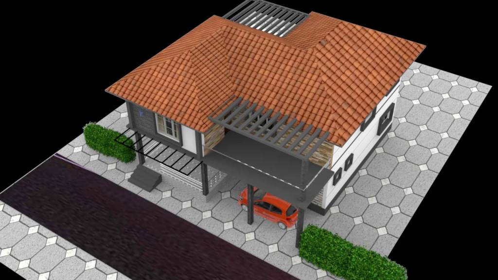 Side elevation of duplex house with balcony and sloped tiled roof