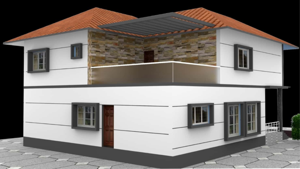 Daytime front elevation of modern duplex house with balcony and porch